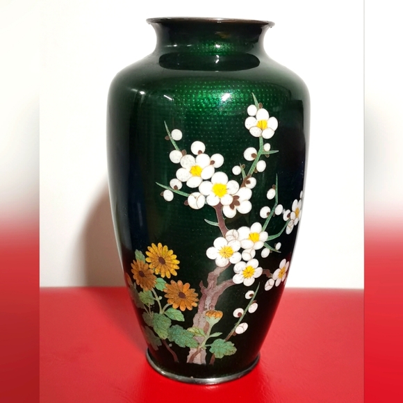 Vintage Japanese Green Foil Floral Cloisonne Enamel Vase 7